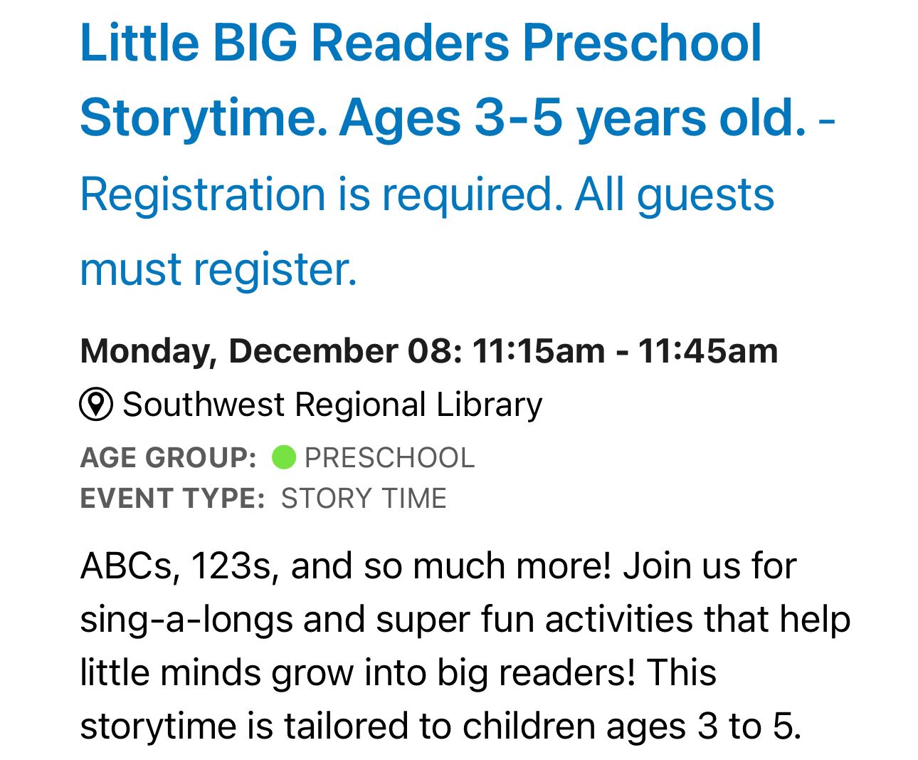 Little BIG Readers Preschool Storytime