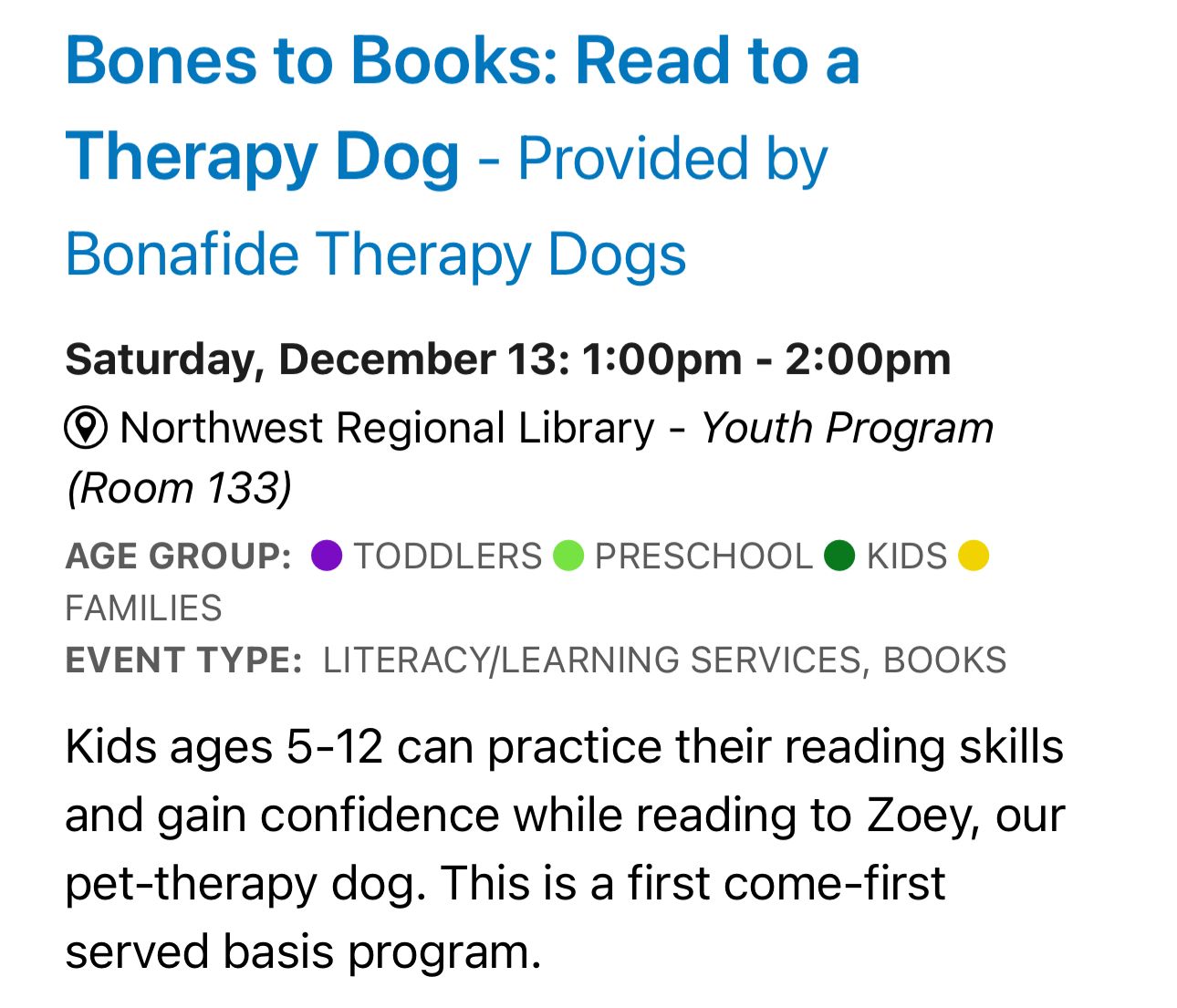Bones to Books: Read to a Therapy Dog